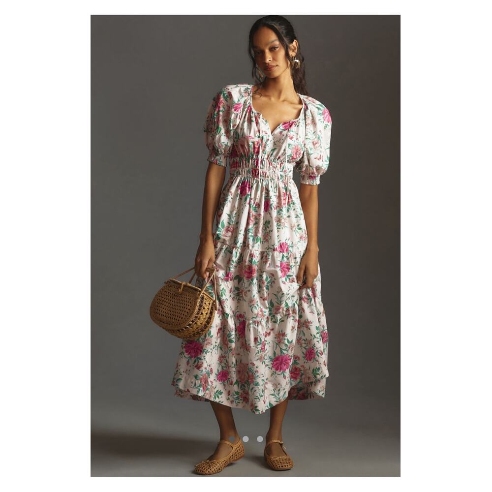 Anthropologie Maeve Cream Floral Puff Sleeve Somerset Cotton Maxi Dress Sz.3X